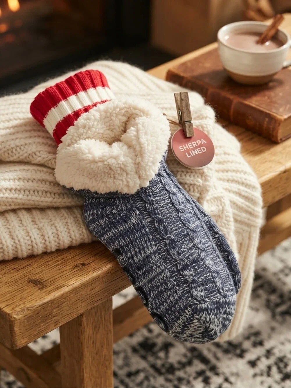 NWT Aeropostale Sherpa Lined Cable Knit Slipper Socks | Navy Red White CC